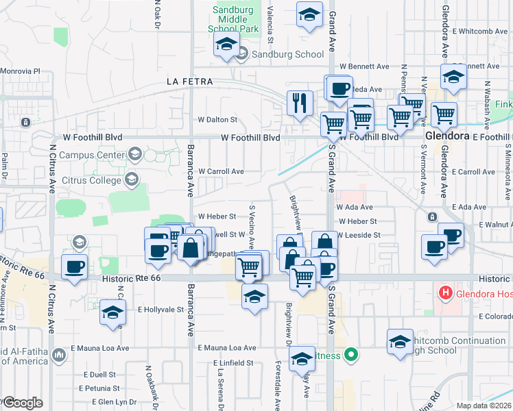 map of restaurants, bars, coffee shops, grocery stores, and more near 252 South Vecino Avenue in Glendora
