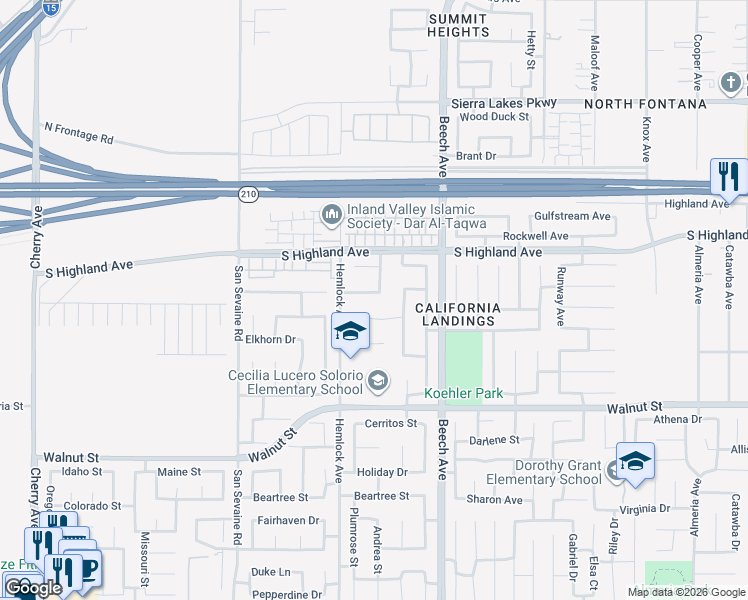 map of restaurants, bars, coffee shops, grocery stores, and more near 15269 Blue Spruce Lane in Fontana