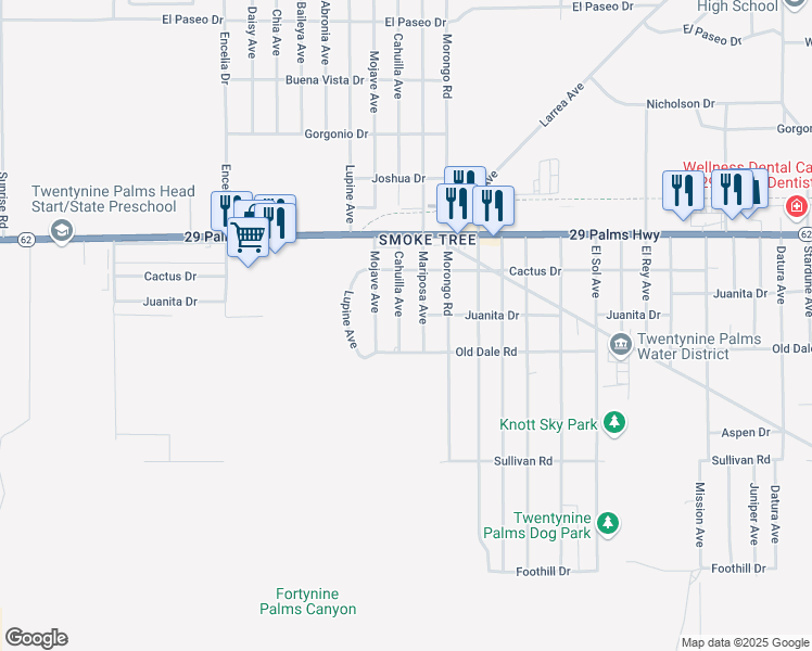 map of restaurants, bars, coffee shops, grocery stores, and more near 6665 Cahuilla Avenue in Twentynine Palms