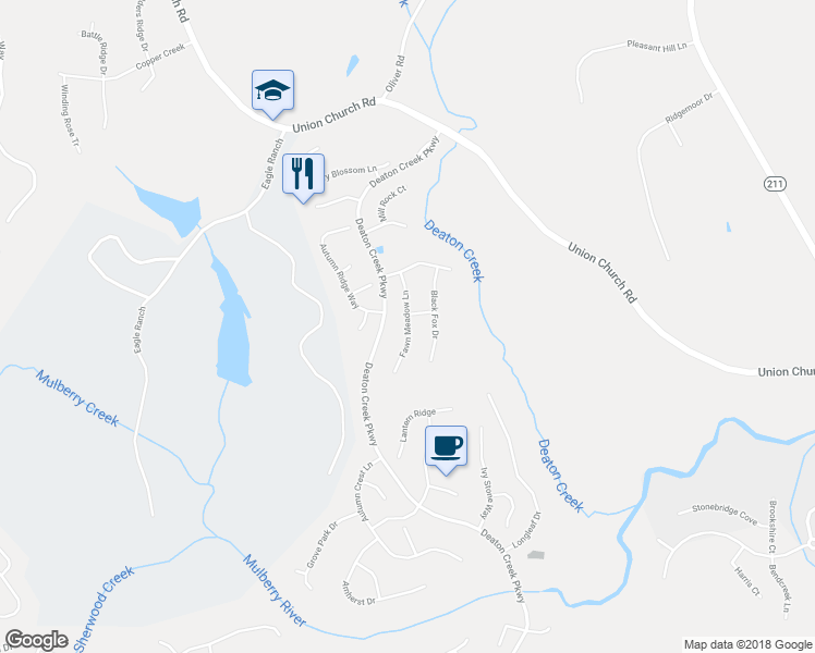 map of restaurants, bars, coffee shops, grocery stores, and more near Fawn Meadow Lane in Hoschton