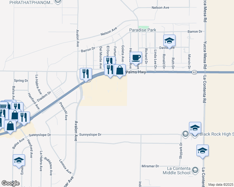 map of restaurants, bars, coffee shops, grocery stores, and more near 58705 Twentynine Palms Highway in Yucca Valley