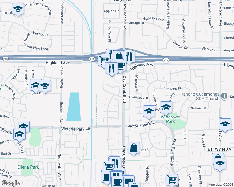 map of restaurants, bars, coffee shops, grocery stores, and more near 6678 Amersham Place in Rancho Cucamonga