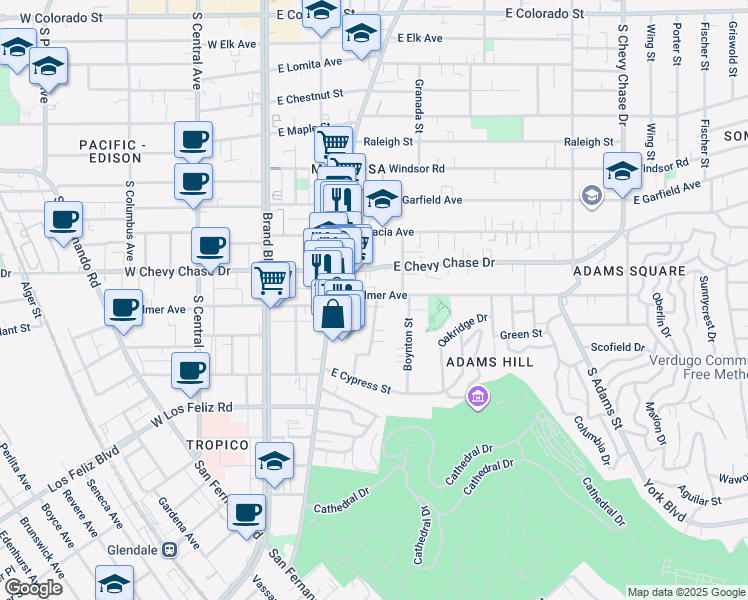 map of restaurants, bars, coffee shops, grocery stores, and more near 1203 Mariposa Street in Glendale