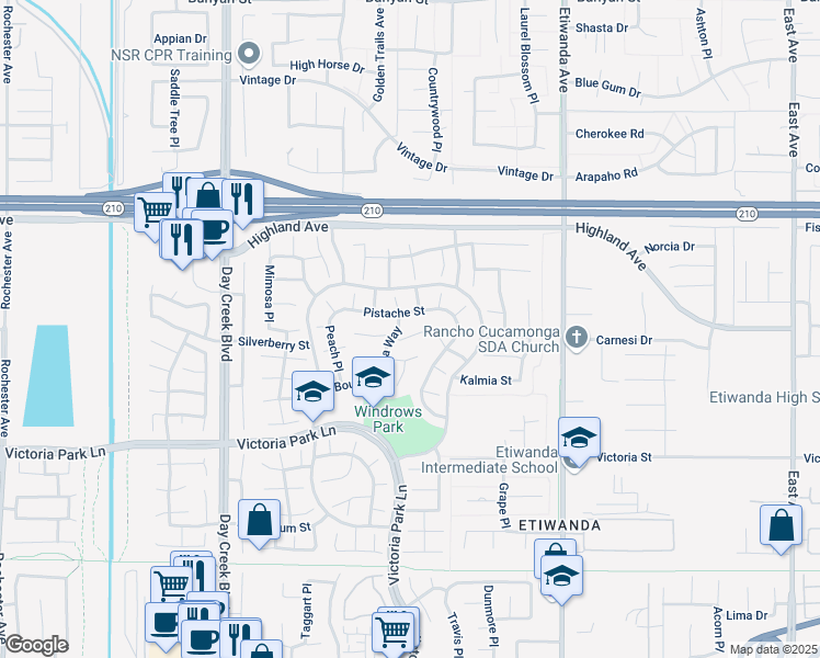 map of restaurants, bars, coffee shops, grocery stores, and more near 12584 Nasturtium Drive in Rancho Cucamonga
