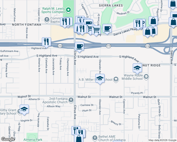 map of restaurants, bars, coffee shops, grocery stores, and more near 6686 Stardust Lane in Fontana