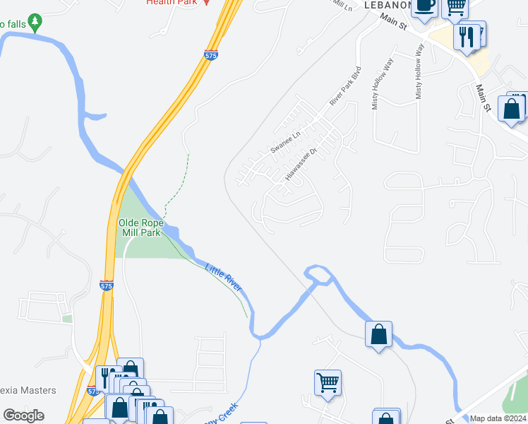 map of restaurants, bars, coffee shops, grocery stores, and more near 115 Oconee Pass in Woodstock