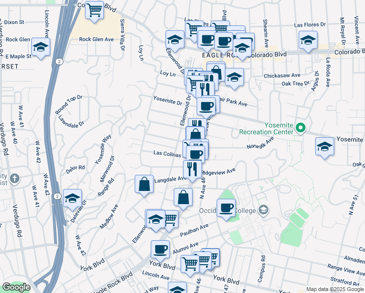 map of restaurants, bars, coffee shops, grocery stores, and more near 2240 Norwalk Avenue in Los Angeles
