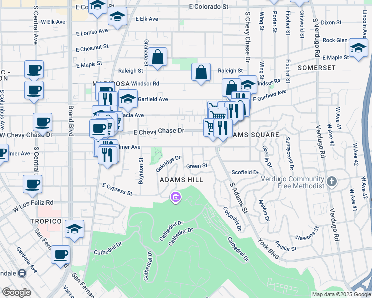 map of restaurants, bars, coffee shops, grocery stores, and more near 804 East Palmer Avenue in Glendale