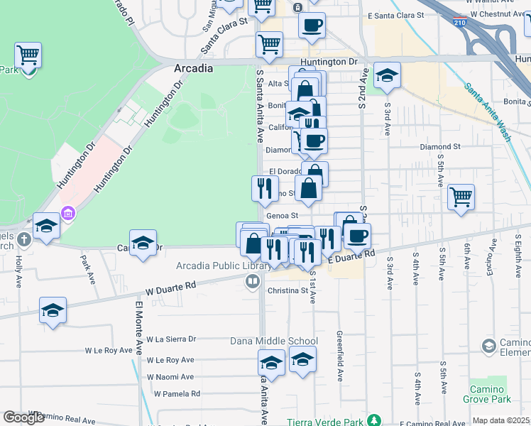 map of restaurants, bars, coffee shops, grocery stores, and more near 624 South Santa Anita Avenue in Arcadia