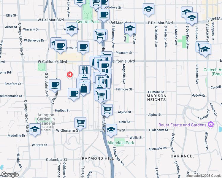 map of restaurants, bars, coffee shops, grocery stores, and more near 773 South Marengo Avenue in Pasadena