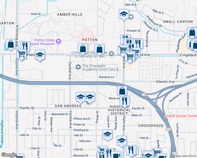 map of restaurants, bars, coffee shops, grocery stores, and more near 3409 Rainbow Lane in Highland