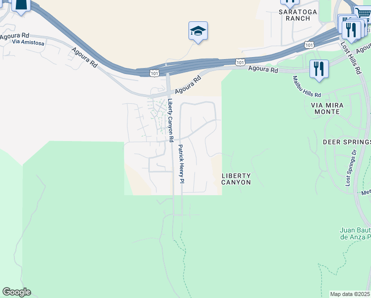 map of restaurants, bars, coffee shops, grocery stores, and more near 3952 Patrick Henry Place in Agoura Hills