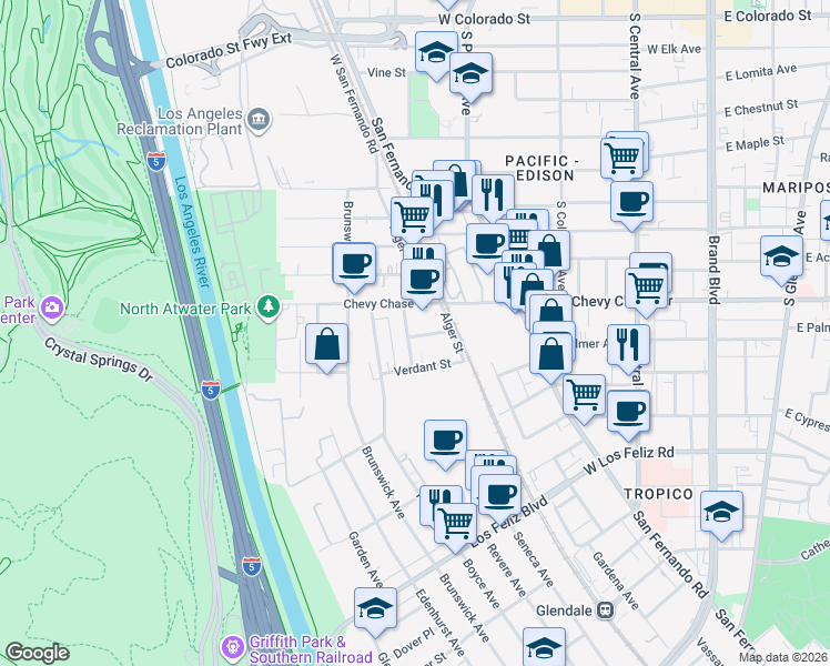 map of restaurants, bars, coffee shops, grocery stores, and more near 4168 Willimet Avenue in Los Angeles