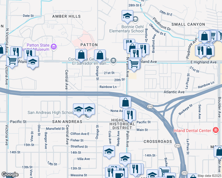 map of restaurants, bars, coffee shops, grocery stores, and more near 3489 Rainbow Lane in Highland