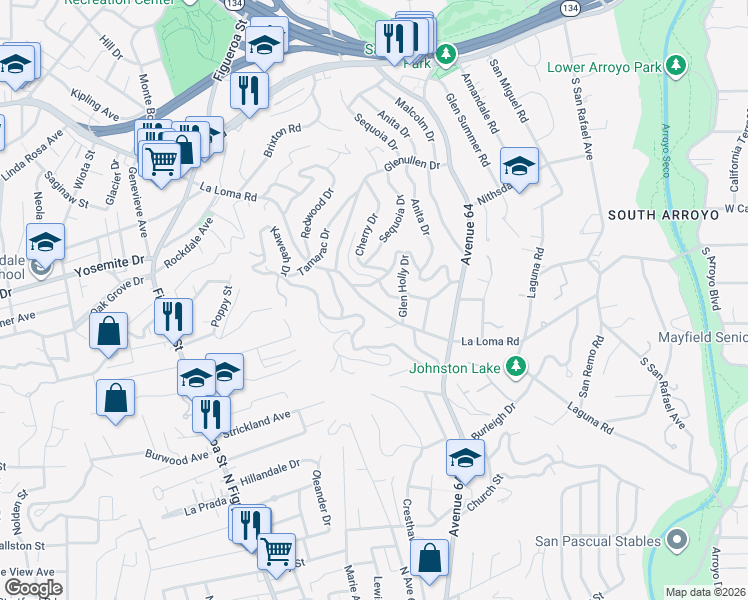 map of restaurants, bars, coffee shops, grocery stores, and more near 1541 La Loma Road in Pasadena