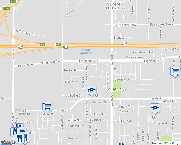 map of restaurants, bars, coffee shops, grocery stores, and more near 15235 Blue Spruce Lane in Fontana