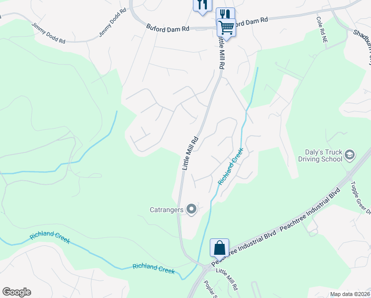 map of restaurants, bars, coffee shops, grocery stores, and more near 5548 Little Mill Road in Buford