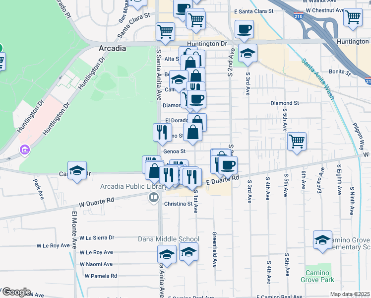 map of restaurants, bars, coffee shops, grocery stores, and more near 53 Genoa Street in Arcadia