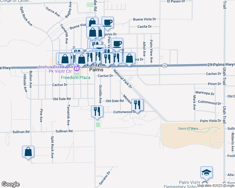 map of restaurants, bars, coffee shops, grocery stores, and more near 6671 Palo Verde Avenue in Twentynine Palms