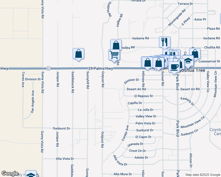 map of restaurants, bars, coffee shops, grocery stores, and more near 61329 Rocky Vista Street in Joshua Tree