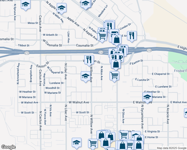 map of restaurants, bars, coffee shops, grocery stores, and more near 311 West Chaparral Street in Rialto