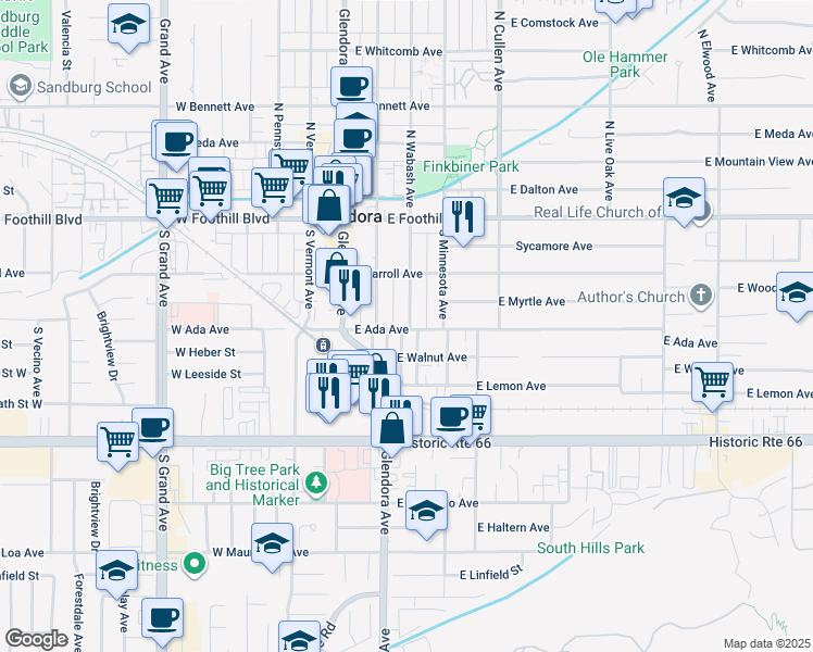 map of restaurants, bars, coffee shops, grocery stores, and more near 303 East Ada Avenue in Glendora
