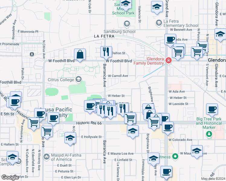 map of restaurants, bars, coffee shops, grocery stores, and more near 834 West Invergarry Street in Glendora
