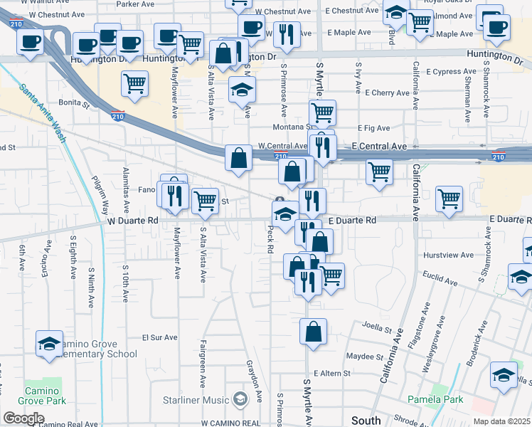 map of restaurants, bars, coffee shops, grocery stores, and more near 205 West Duarte Road in Monrovia