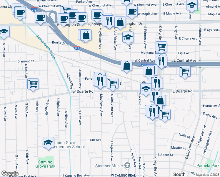 map of restaurants, bars, coffee shops, grocery stores, and more near 405 West Duarte Road in Monrovia