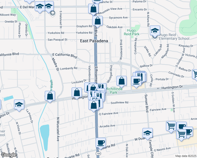 map of restaurants, bars, coffee shops, grocery stores, and more near 820 South Rosemead Boulevard in Pasadena