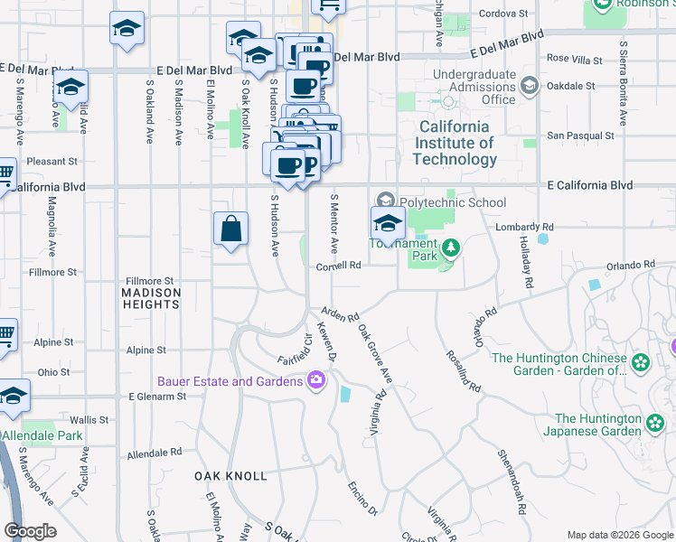 map of restaurants, bars, coffee shops, grocery stores, and more near 940 Cornell Road in Pasadena