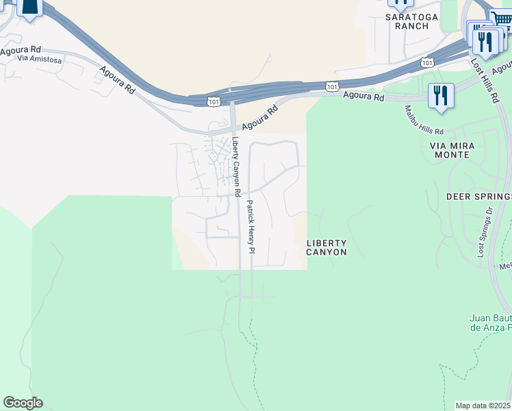 map of restaurants, bars, coffee shops, grocery stores, and more near 3955 Patrick Henry Place in Agoura Hills
