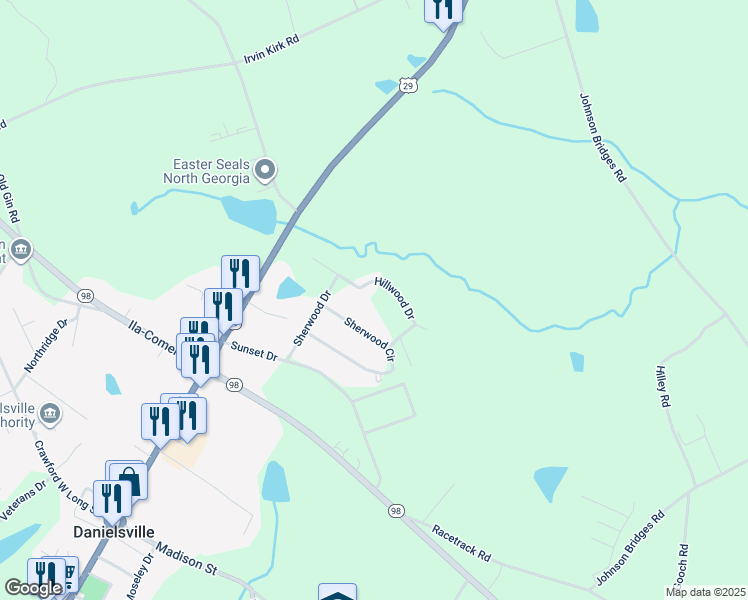 map of restaurants, bars, coffee shops, grocery stores, and more near 368 Hillwood Drive in Danielsville