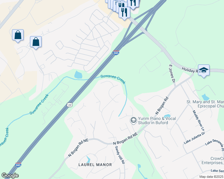 map of restaurants, bars, coffee shops, grocery stores, and more near 4800 Point Rock Drive in Buford