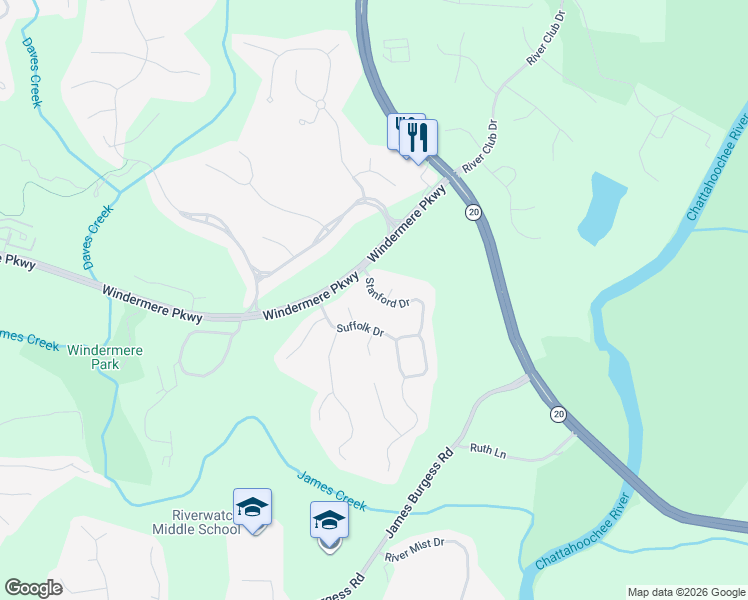 map of restaurants, bars, coffee shops, grocery stores, and more near 3240 Sparling Street in Cumming