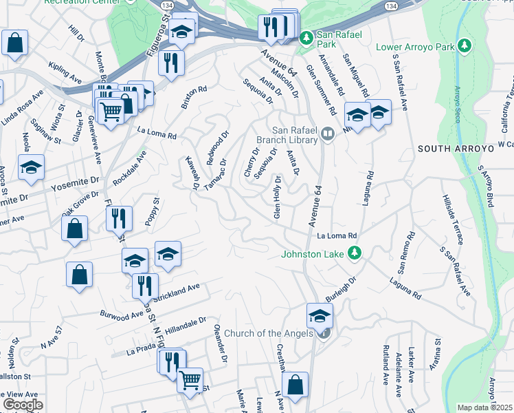 map of restaurants, bars, coffee shops, grocery stores, and more near 1541 La Loma Road in Pasadena