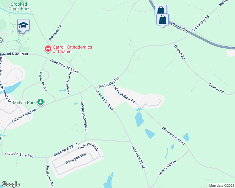 map of restaurants, bars, coffee shops, grocery stores, and more near 104 Owl Trace Lane in Chapin