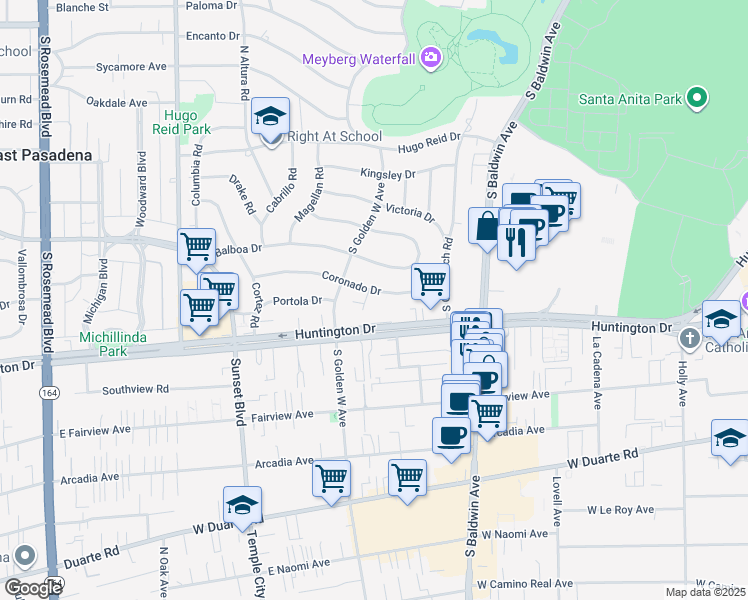 map of restaurants, bars, coffee shops, grocery stores, and more near 708 Joaquin Road in Arcadia