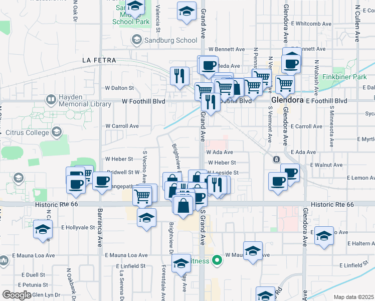 map of restaurants, bars, coffee shops, grocery stores, and more near 640 West Invergarry Street in Glendora