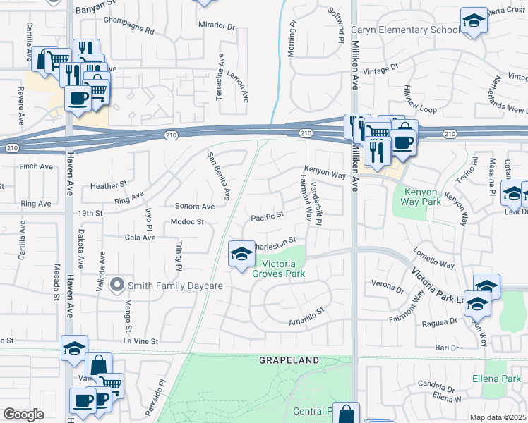 map of restaurants, bars, coffee shops, grocery stores, and more near 6599 Hartford Court in Rancho Cucamonga