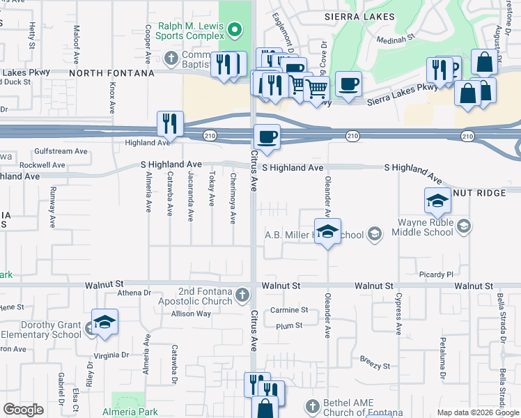 map of restaurants, bars, coffee shops, grocery stores, and more near 16122 Lumia Way in Fontana