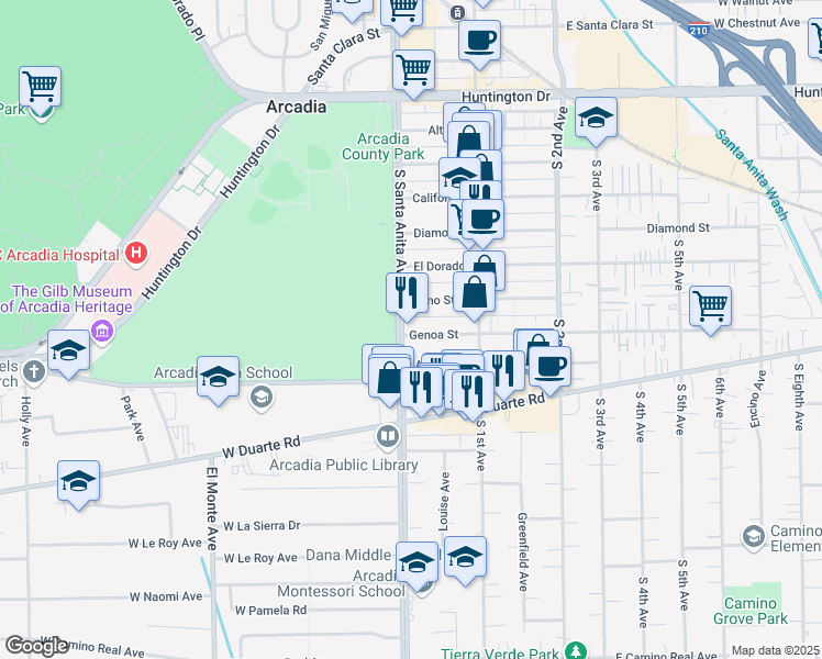map of restaurants, bars, coffee shops, grocery stores, and more near 624 South Santa Anita Avenue in Arcadia