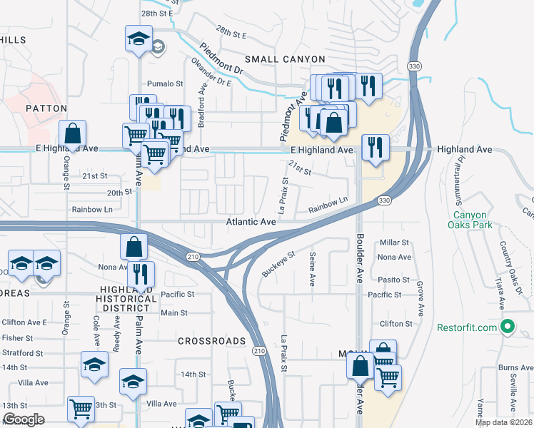 map of restaurants, bars, coffee shops, grocery stores, and more near 27661 Rainbow Court in Highland
