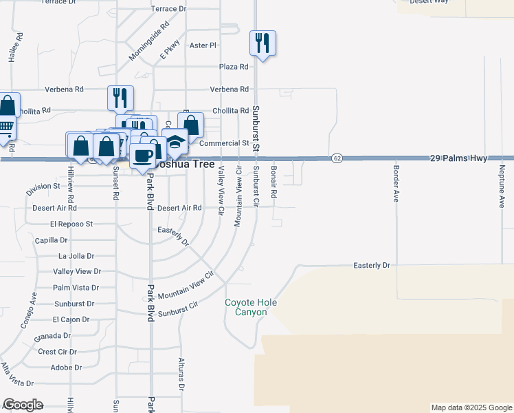 map of restaurants, bars, coffee shops, grocery stores, and more near 62000 Sunburst Circle in Joshua Tree