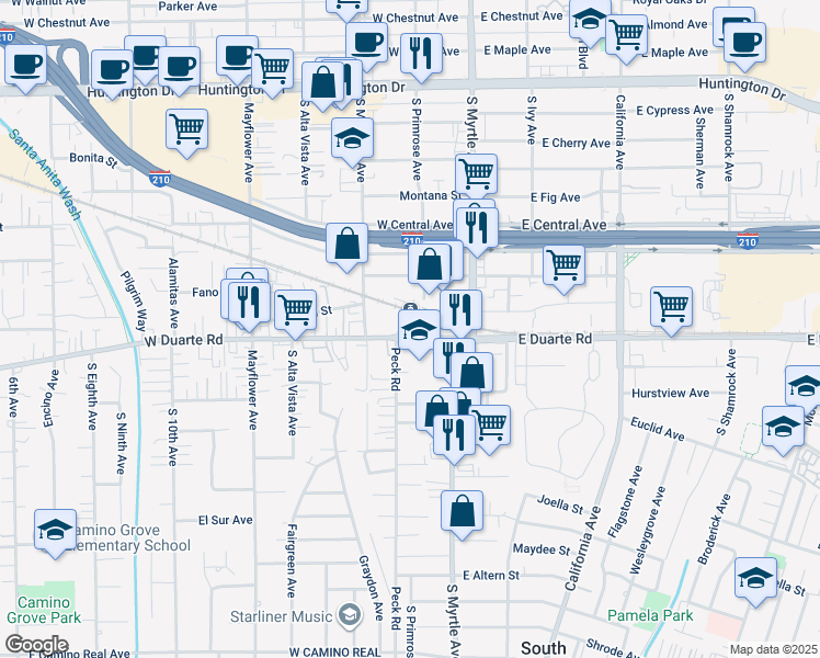 map of restaurants, bars, coffee shops, grocery stores, and more near 205 West Duarte Road in Monrovia