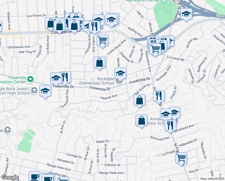 map of restaurants, bars, coffee shops, grocery stores, and more near 1364 Yosemite Drive in Los Angeles