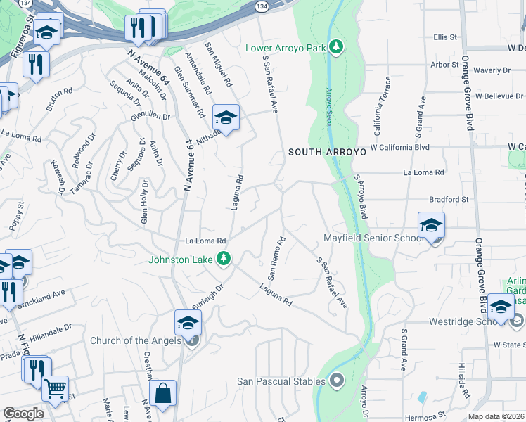 map of restaurants, bars, coffee shops, grocery stores, and more near 1051 La Loma Road in Pasadena