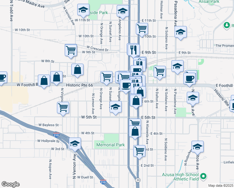 map of restaurants, bars, coffee shops, grocery stores, and more near 621 North Angeleno Avenue in Azusa