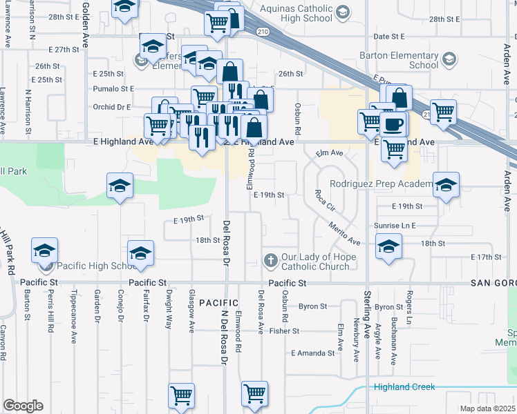 map of restaurants, bars, coffee shops, grocery stores, and more near 6677 Del Rosa Avenue in San Bernardino