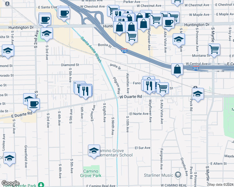 map of restaurants, bars, coffee shops, grocery stores, and more near 1729 Pilgrim Way in Monrovia
